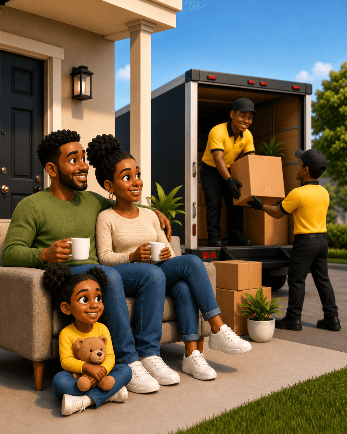 Waypoint movers unloading boxes for a family