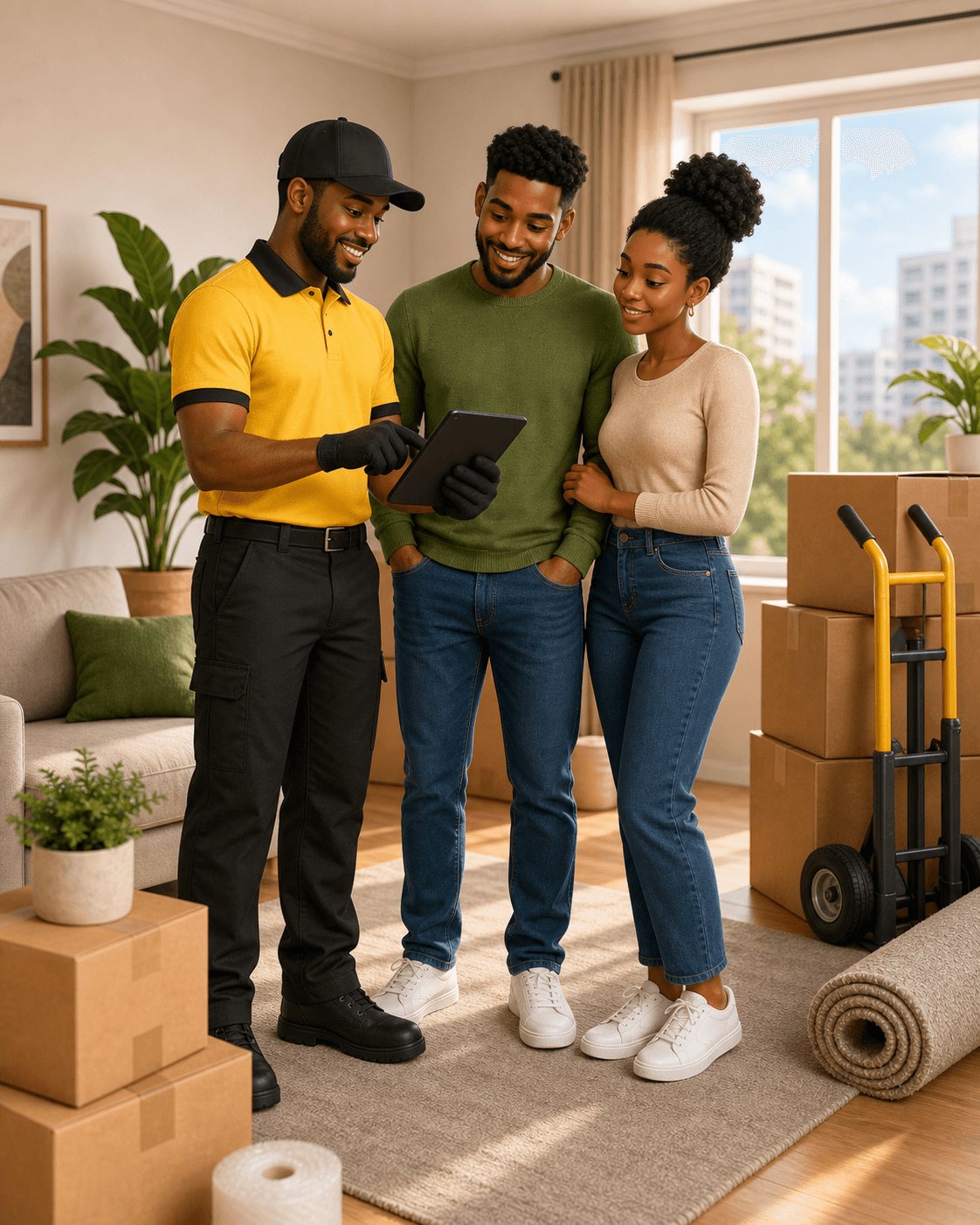 Waypoint mover reviewing relocation details with customers